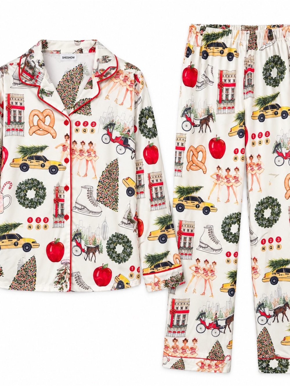 SHESHOW 2XL New York Christmas Satin Pajama Set NWT - Picture 2 of 6